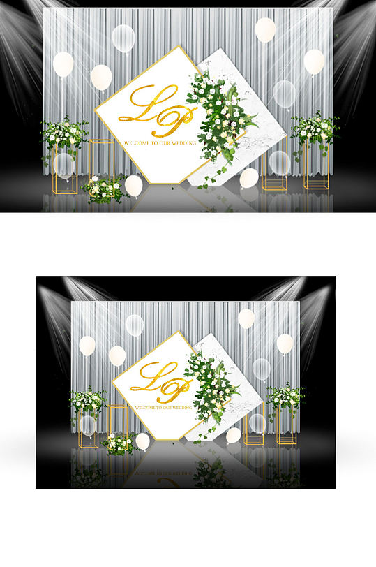 大理石小清新婚礼迎宾效果图合影白金背景板-众图网