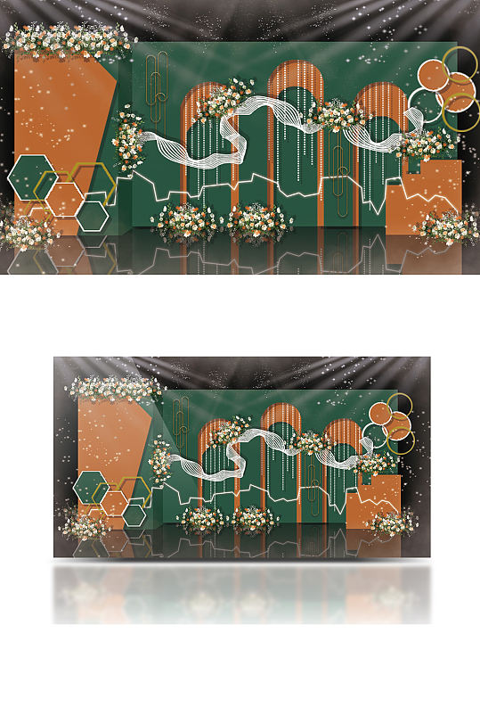 墨绿橘色迎宾婚礼效果图撞色合影背景板浪漫-众图网