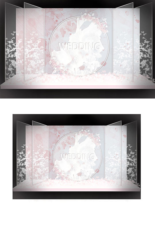 清新简约粉白色透明材质婚礼留影区背景板