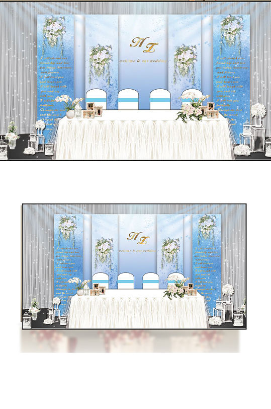 蓝色婚礼效果图签到区合影背景板浪漫