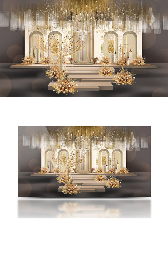 欧式香槟金色婚礼效果图大气合影背景板-众图网