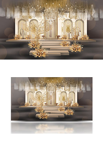 欧式香槟金色婚礼效果图大气合影背景板