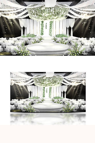 韩式轻奢白绿色婚礼手绘效果图舞台仪式区