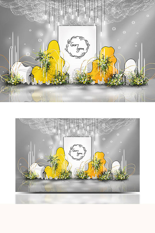 云顶纱橙白撞色简约现代婚礼效果图背景板-众图网