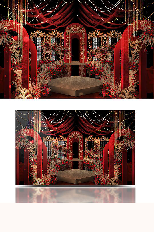 轻奢红金色欧式花纹宫廷宫殿婚礼效果图舞台-众图网