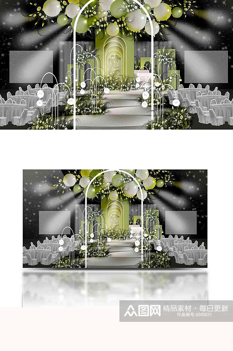 浪漫小清新白绿婚礼效果图舞台仪式区素材