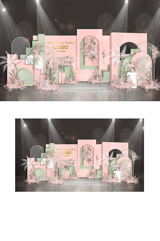 原创粉绿色小清新婚礼合影花束背景板浪漫-众图网