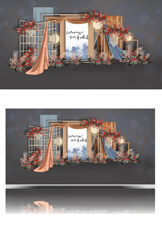 复古色婚礼效果图木质浪漫合影背景板-众图网