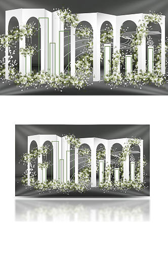 清新简约白色婚礼效果图绿色合影背景板