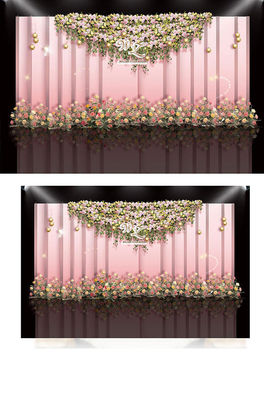 粉金色渐变水彩风立体婚礼效果图背景板-众图网