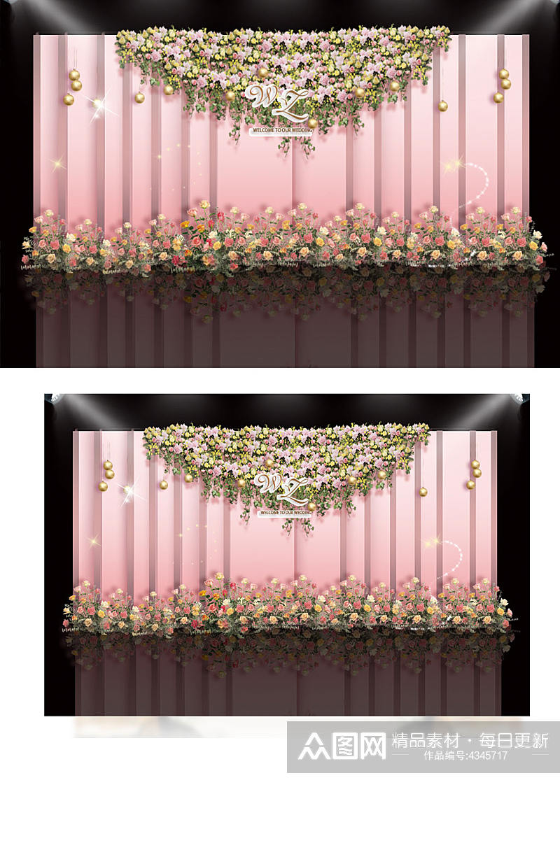 粉金色渐变水彩风立体婚礼效果图背景板素材