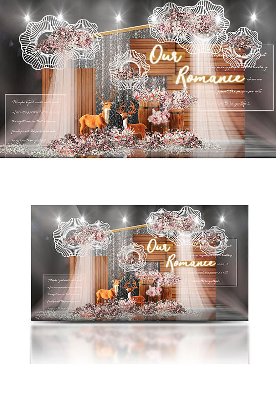 简约木质背景板金色铁艺框架清新婚礼效果图-众图网