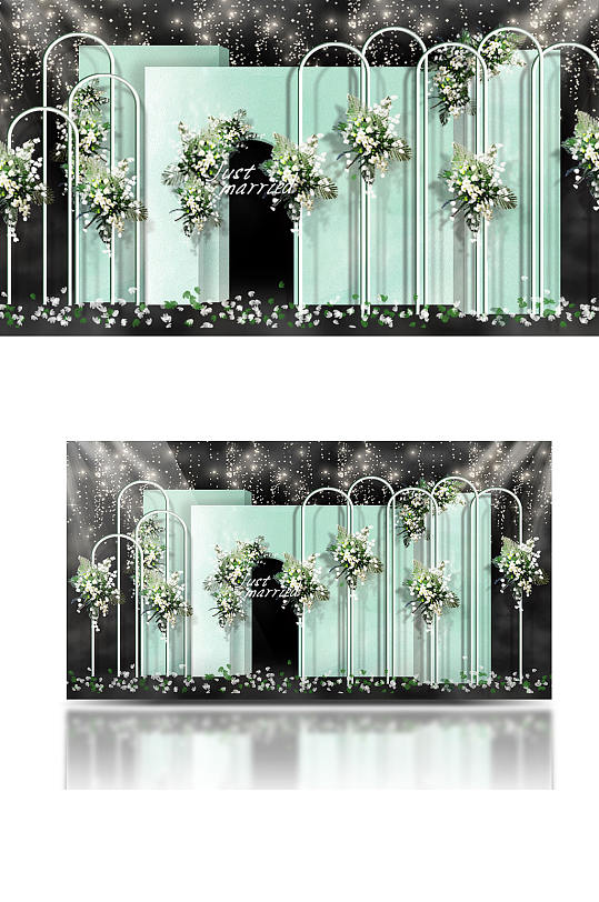 浅绿色森系婚礼效果图合影背景板迎宾-众图网