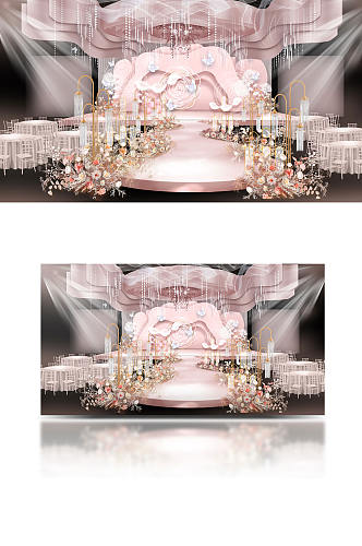 粉色婚礼效果图设计浪漫轻奢舞台仪式区