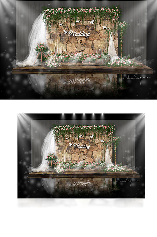 复古森系木质婚礼合影区迎宾区背景板