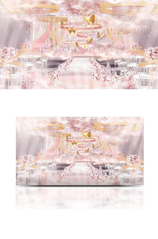 粉金浪漫柔美圆环婚礼效果图唯美舞台仪式区-众图网