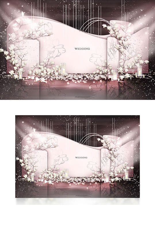 新中式婚礼合影区效果图唯美粉色背景板-众图网