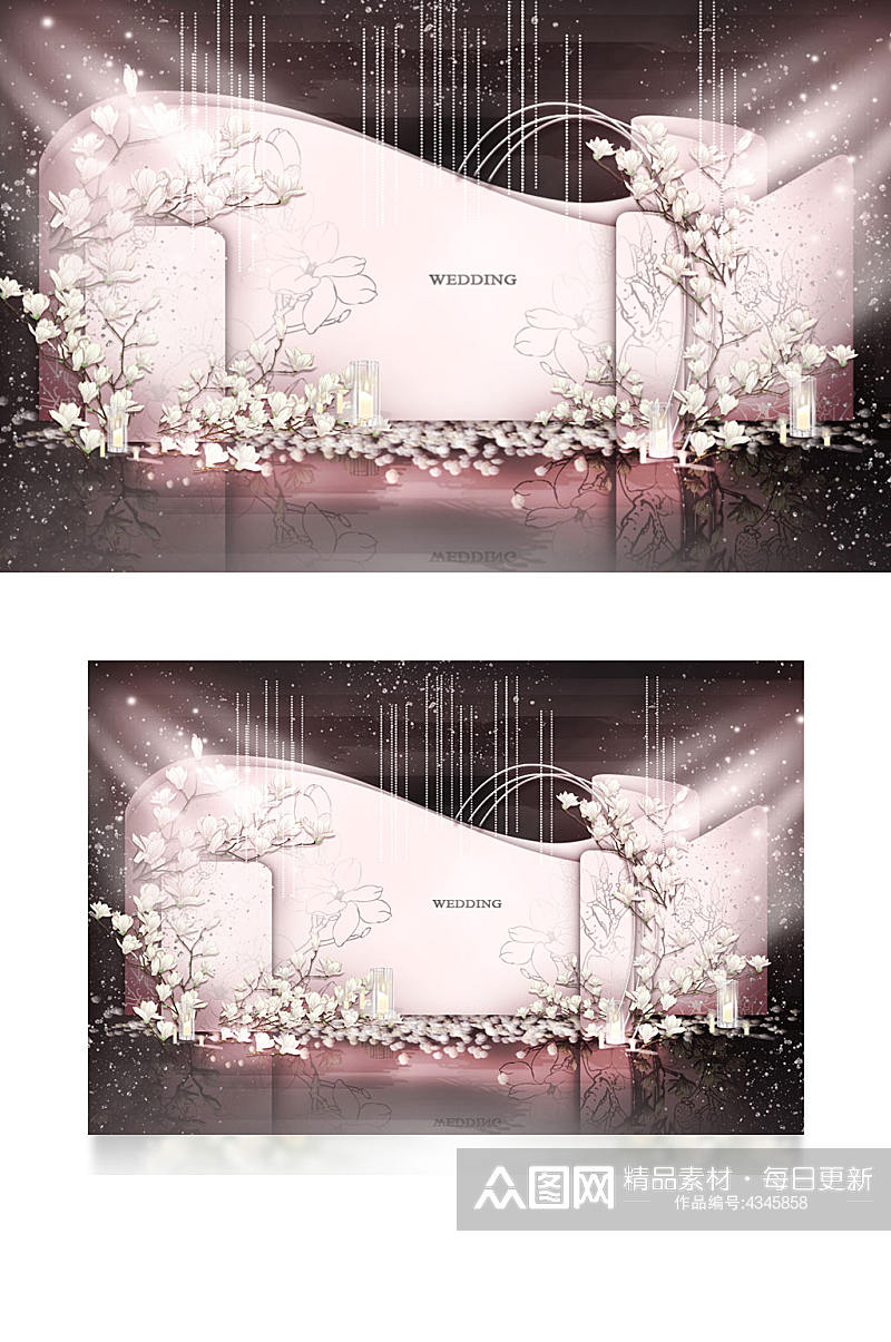 新中式婚礼合影区效果图唯美粉色背景板素材