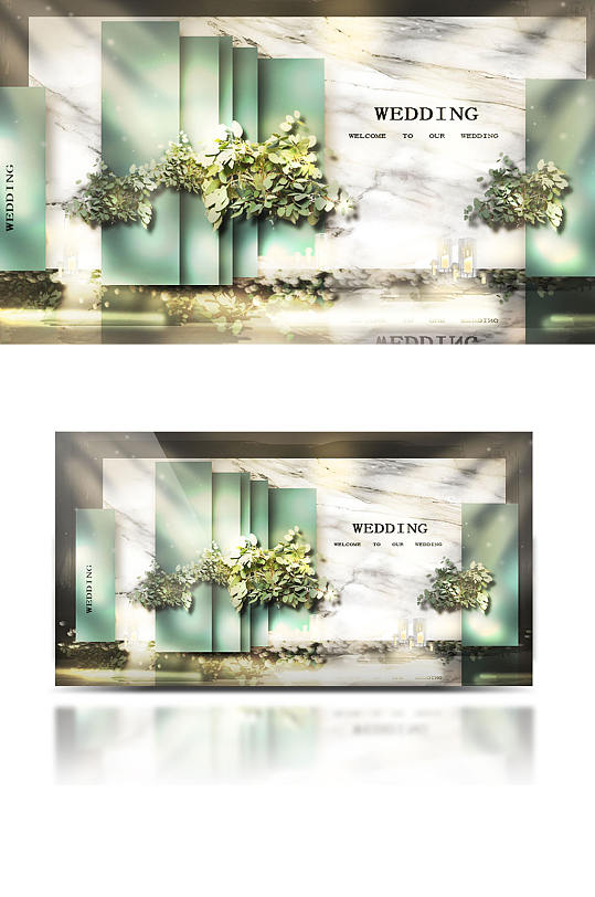 绿色大理石婚礼合影区效果图背景板迎宾-众图网