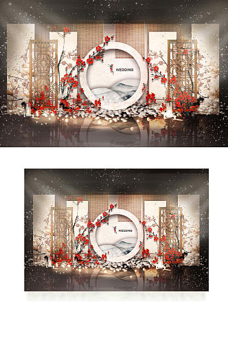 中式婚礼合影区效果图新中式浪漫背景板