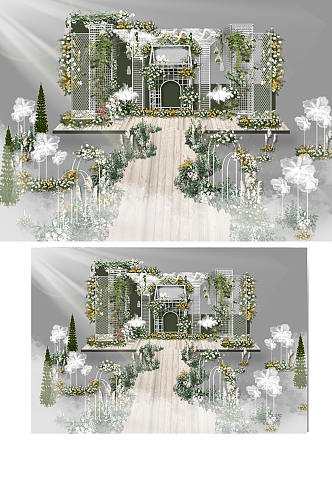 草坪婚礼仪式区效果图白绿色清新森系舞台