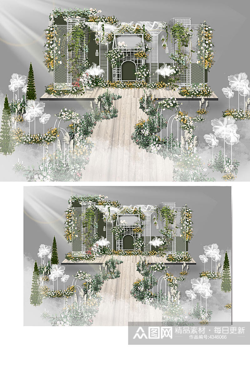 草坪婚礼仪式区效果图白绿色清新森系舞台素材