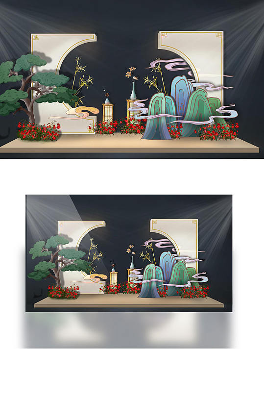 原创中国风留影区婚礼效果图新中式山水背景-众图网