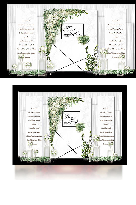 白绿色婚礼迎宾区温馨浪漫清新背景板-众图网