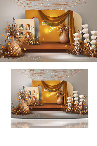 莫兰迪橙咖复古艺术展馆风婚礼效果图背景