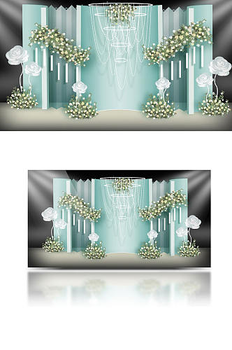绿色简约婚礼效果图设计背景板合影清新