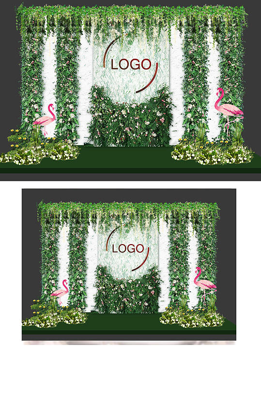 大理石火烈鸟森系婚礼效果图绿色背景板合影-众图网