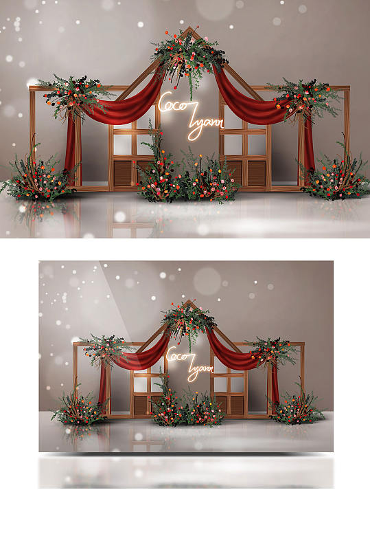 橙红合影木板木屋木门美式复古婚礼效果图-众图网