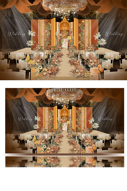 原创橙黄莫兰迪法式风婚礼舞台效果图仪式区-众图网