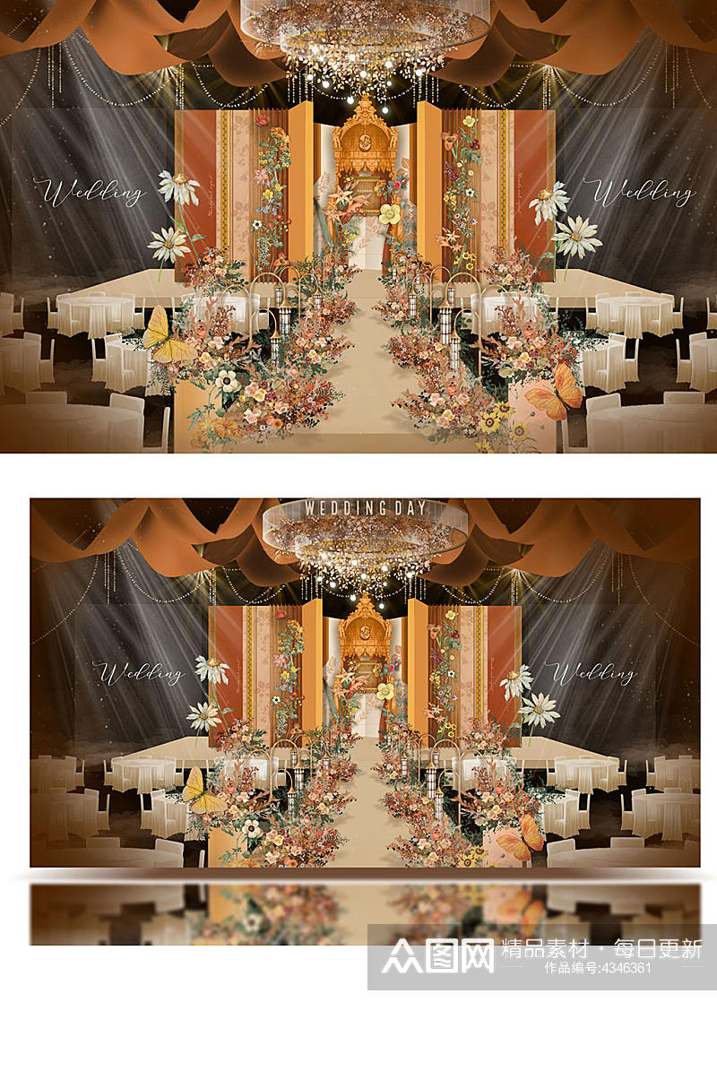 原创橙黄莫兰迪法式风婚礼舞台效果图仪式区素材