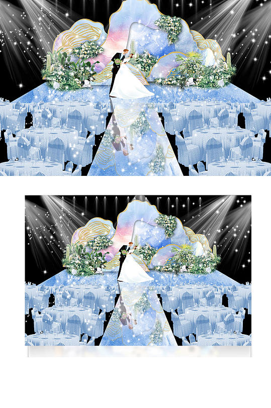 水彩蓝色清新婚礼仪式区唯美浪漫舞台-众图网