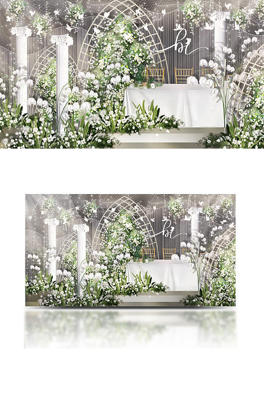 白绿色婚礼签到区效果图唯美森系清新甜品-众图网