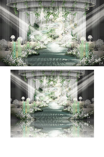 白绿色森系婚礼舞台设计浪漫合影背景板迎宾