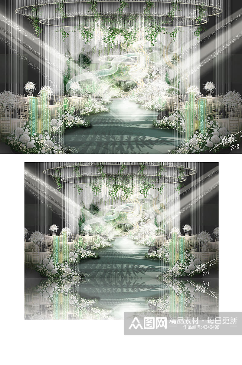 白绿色森系婚礼舞台设计浪漫合影背景板迎宾素材