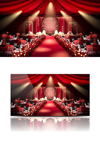 红色中式屏风厅内婚礼手绘效果图浪漫喜庆