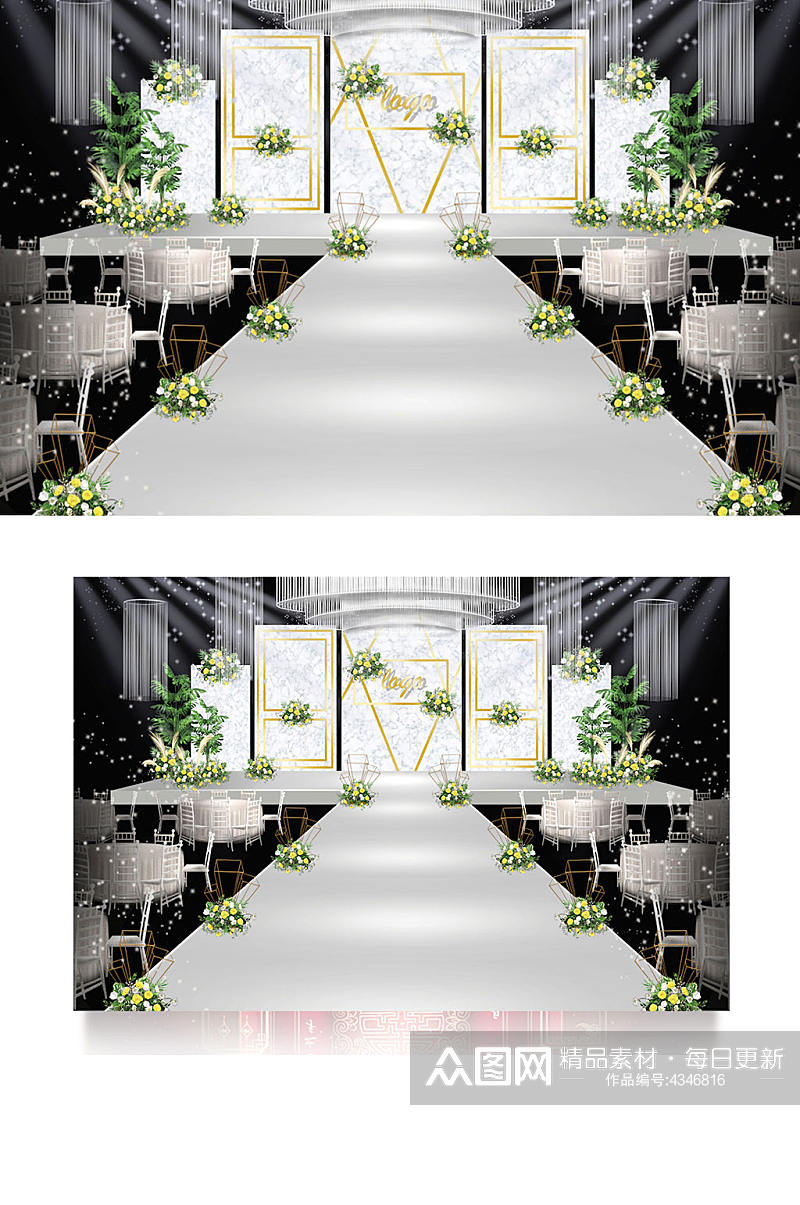 黄绿色系大理石纹婚礼舞台效果图仪式区素材