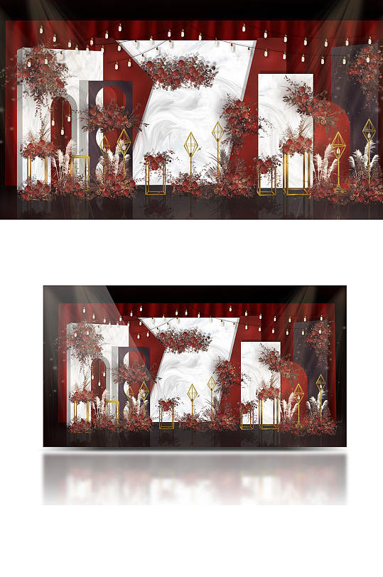 红白婚礼主迎宾舞台效果图合影背景板喜庆-众图网