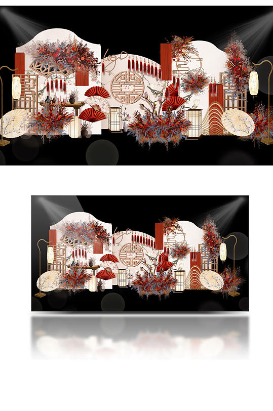 江南风新中式香槟红婚礼效果图手绘背景合影