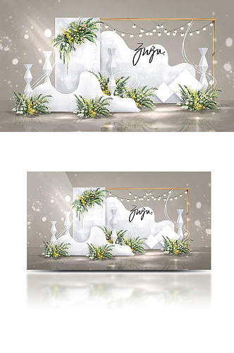白绿小清新白色户外婚礼效果图合影背景板
