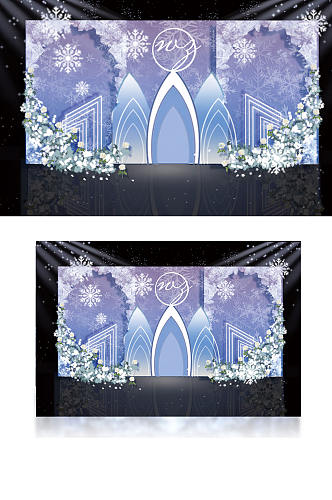 蓝紫色冰雪婚礼效果图迎宾区背景梦幻合影
