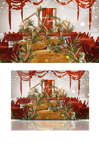 舞台红绿橙撞色美式田园风复古婚礼效果图