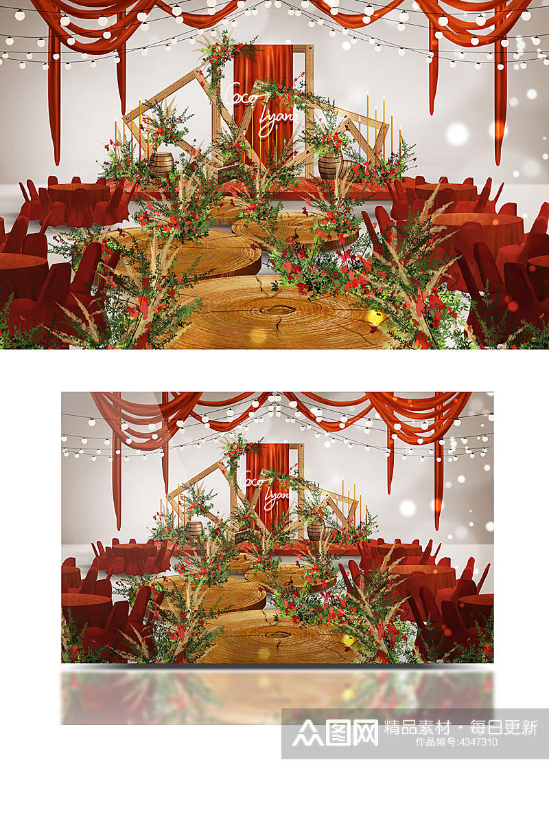 舞台红绿橙撞色美式田园风复古婚礼效果图素材