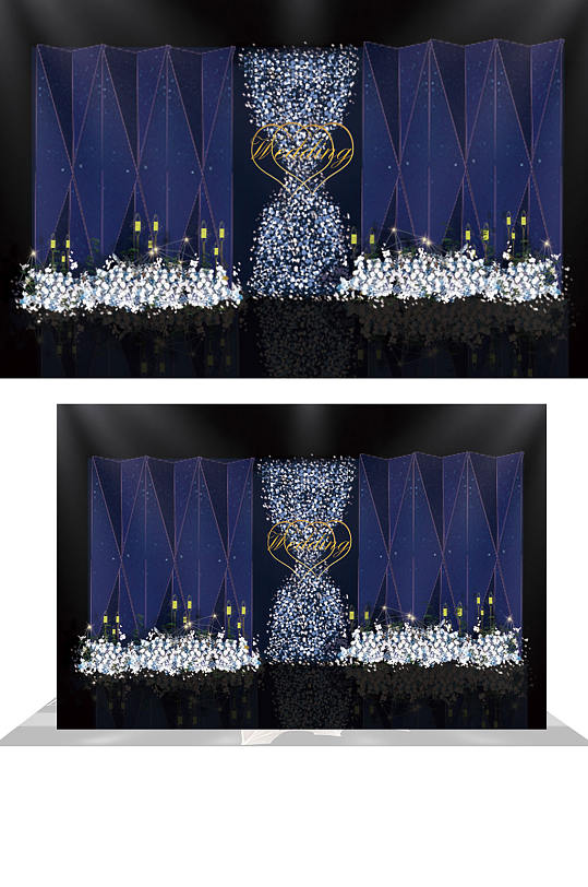 大气星空蓝婚礼迎宾区效果图梦幻背景板-众图网