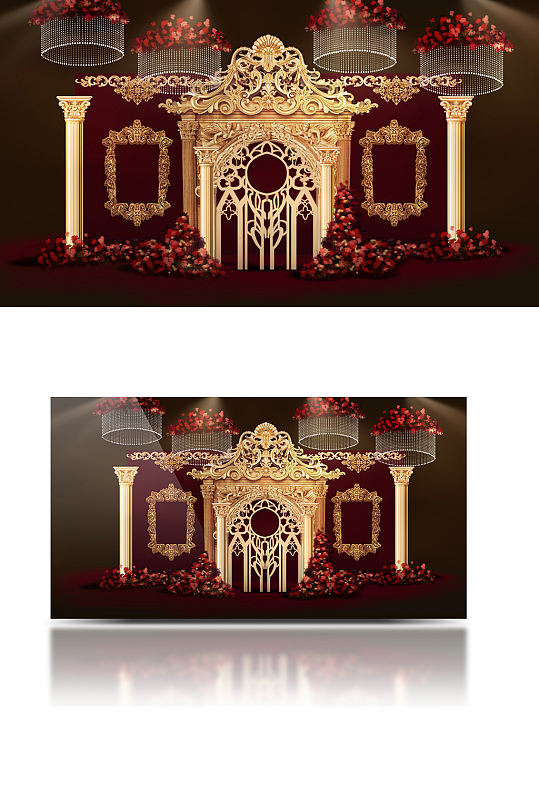 欧式红金婚礼效果图梦幻大气轻奢合影背景板-众图网