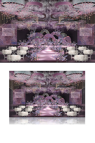 紫色弧形背景效果图粉色舞台仪式区浪漫