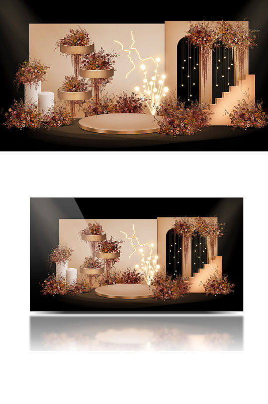 香槟色奶茶色婚礼效果图迎宾区合影背景板-众图网